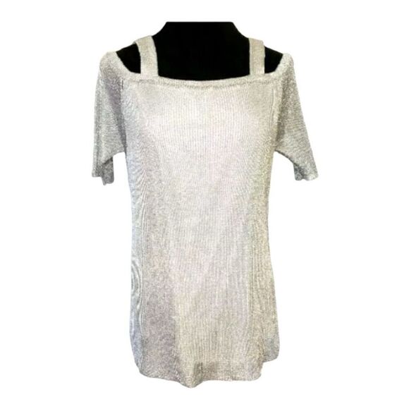 CHICO'S Travelers METALLIC SILVER Knit Blouse Size 2 (Large) Cold-Shoulder - Picture 1 of 10